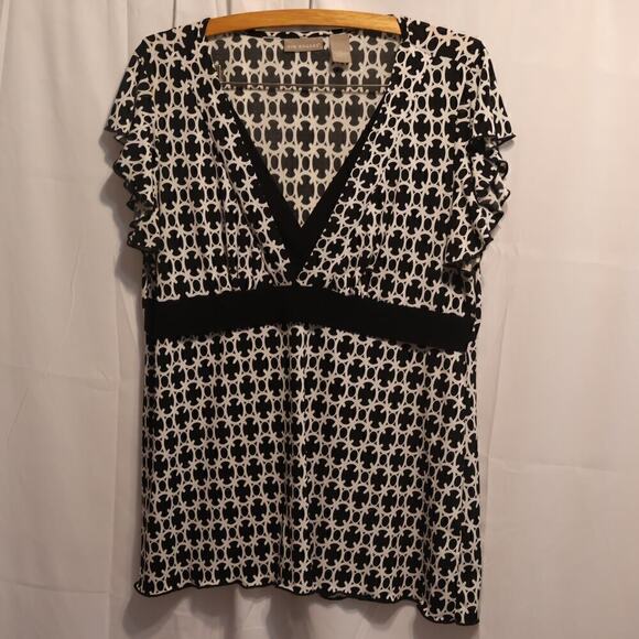 Karen Scott Top, V neck Crossover Bodice Flutter Sleeves High Waist Black Accent - Picture 10 of 16